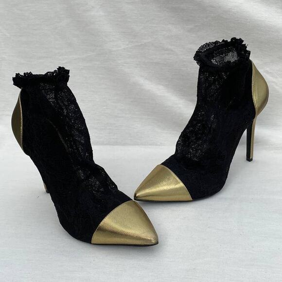 Stella Luna Black Lace & Gold Pointed Toe Booties, Size 38 (US 8), Ankle Boots - Picture 2 of 13